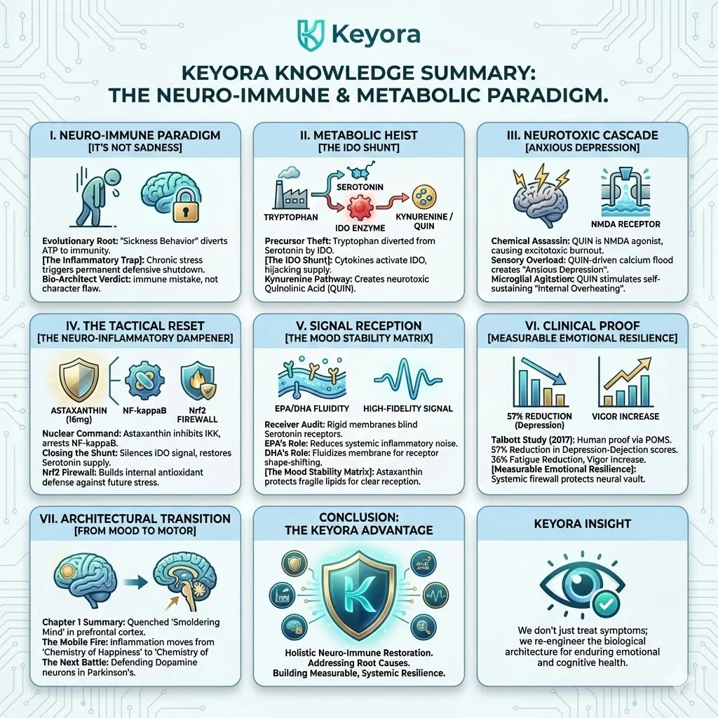 The Knowledge Summary establishes the definitive Gavel Drop on the Smoldering Mind, quantifying the 57% collapse of the IDO Shunt and the transition from Sickness Behavior to Neurological Sovereignty. The Knowledge Summary establishes the definitive Gavel Drop on the Smoldering Mind, quantifying the 57% collapse of the IDO Shunt and the transition from Sickness Behavior to Neurological Sovereignty.