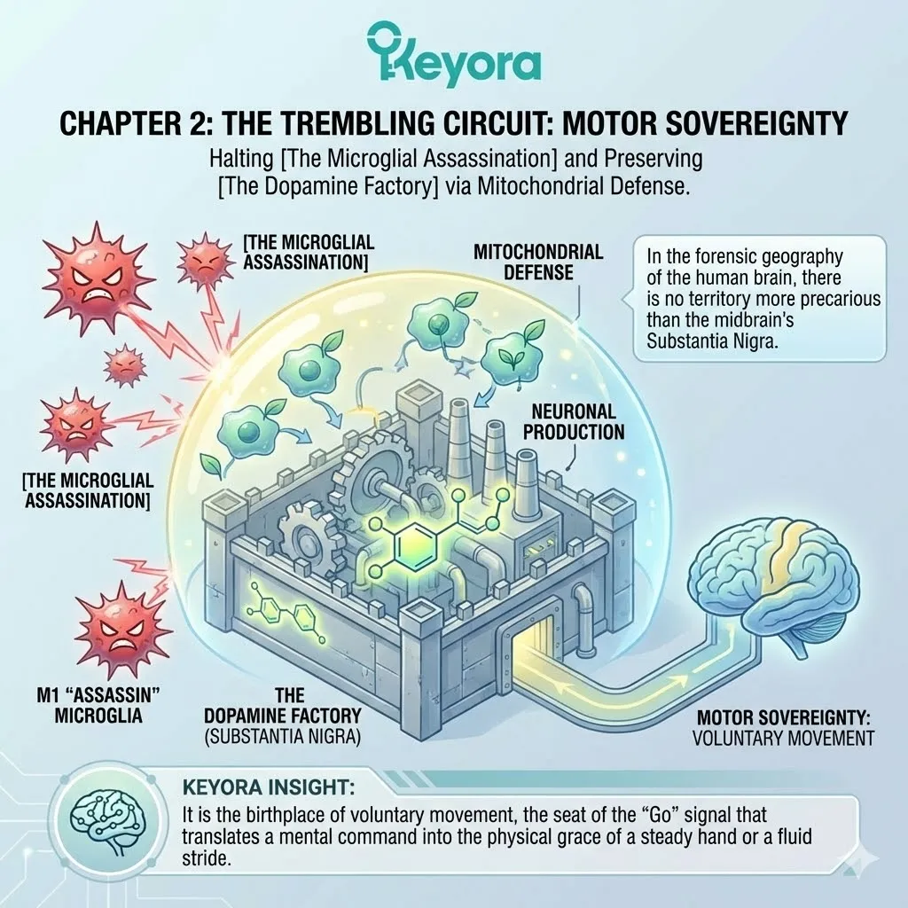 Mitochondrial defense halts microglial assassination within the Substantia Nigra to secure ATP synthesis and preserve the Dopamine Factory’s output. Mitochondrial defense halts microglial assassination within the Substantia Nigra to secure ATP synthesis and preserve the Dopamine Factory’s output.