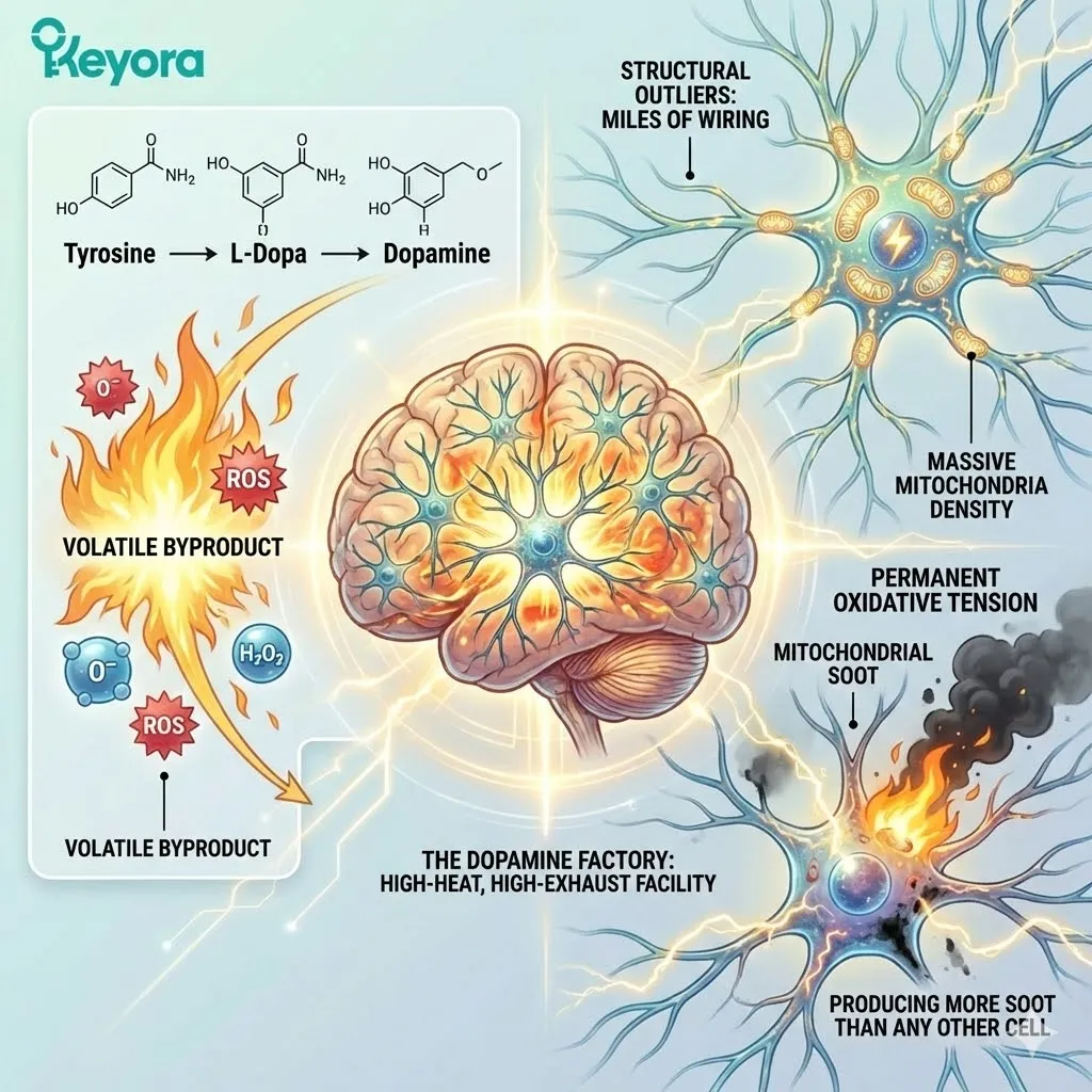 Mitochondrial density sustains constant firing in the Substantia Nigra while managing metabolic byproduct and oxidative tension to secure motor tone. Mitochondrial density sustains constant firing in the Substantia Nigra while managing metabolic byproduct and oxidative tension to secure motor tone.
