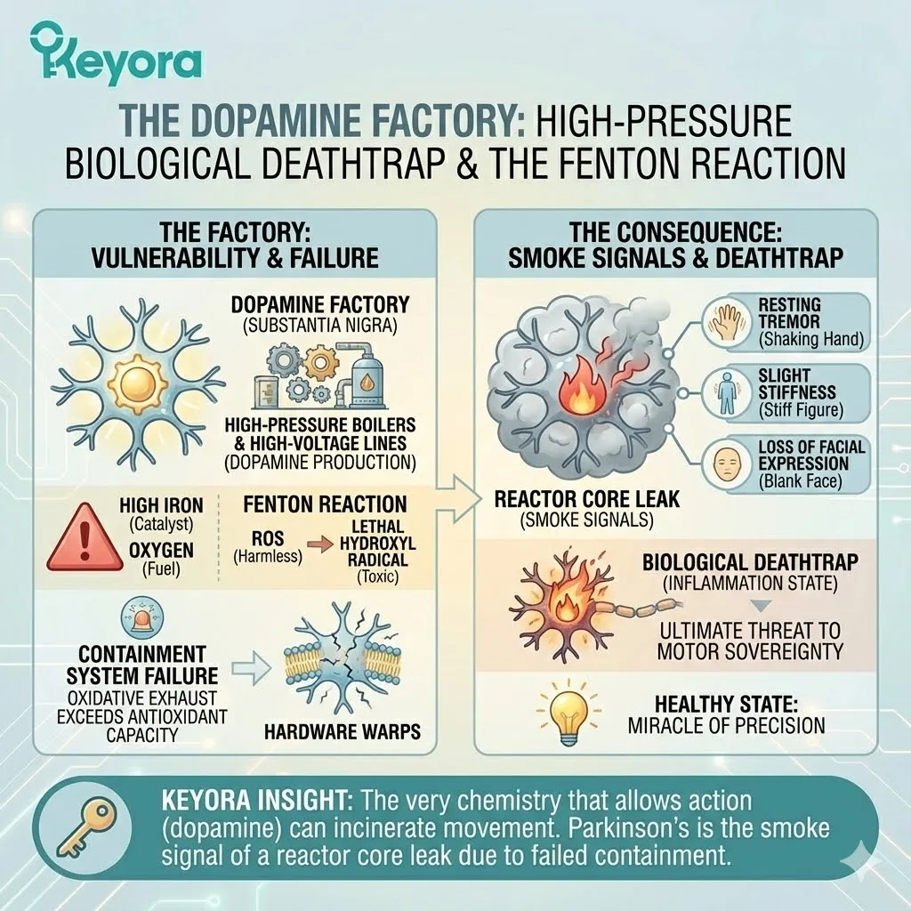 Iron catalysts trigger the Fenton Reaction within the Dopamine Factory, necessitating systemic regulator intervention to prevent a thermal meltdown. Iron catalysts trigger the Fenton Reaction within the Dopamine Factory, necessitating systemic regulator intervention to prevent a thermal meltdown.