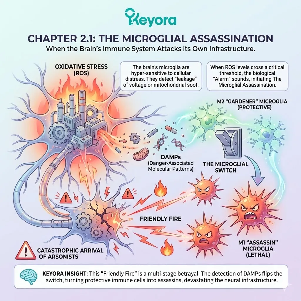 Microglial switch to M1 phenotype triggers systemic regulator failure, initiating microglial assassination via detection of mitochondrial DAMPs and ROS. Microglial switch to M1 phenotype triggers systemic regulator failure, initiating microglial assassination via detection of mitochondrial DAMPs and ROS.