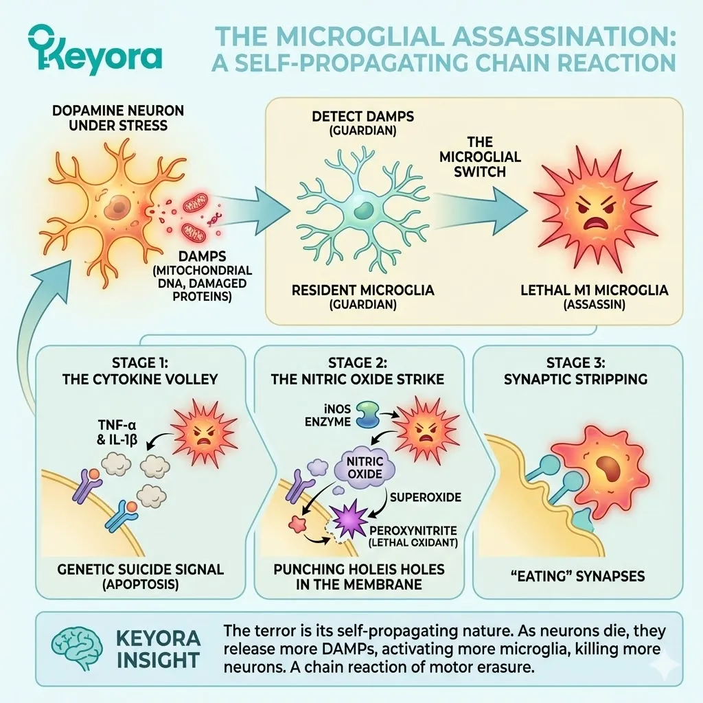 Microglial switch to M1 phenotype triggers the cytokine volley and nitric oxide strike, catalyzing synaptic stripping and a chain reaction of motor erasure. Microglial switch to M1 phenotype triggers the cytokine volley and nitric oxide strike, catalyzing synaptic stripping and a chain reaction of motor erasure.
