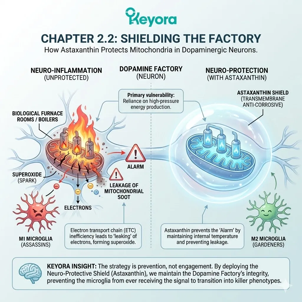 Mitochondrial boilers within the Dopamine Factory require the neuro-protective shield to prevent electron leakage and superoxide spark formation. Mitochondrial boilers within the Dopamine Factory require the neuro-protective shield to prevent electron leakage and superoxide spark formation.
