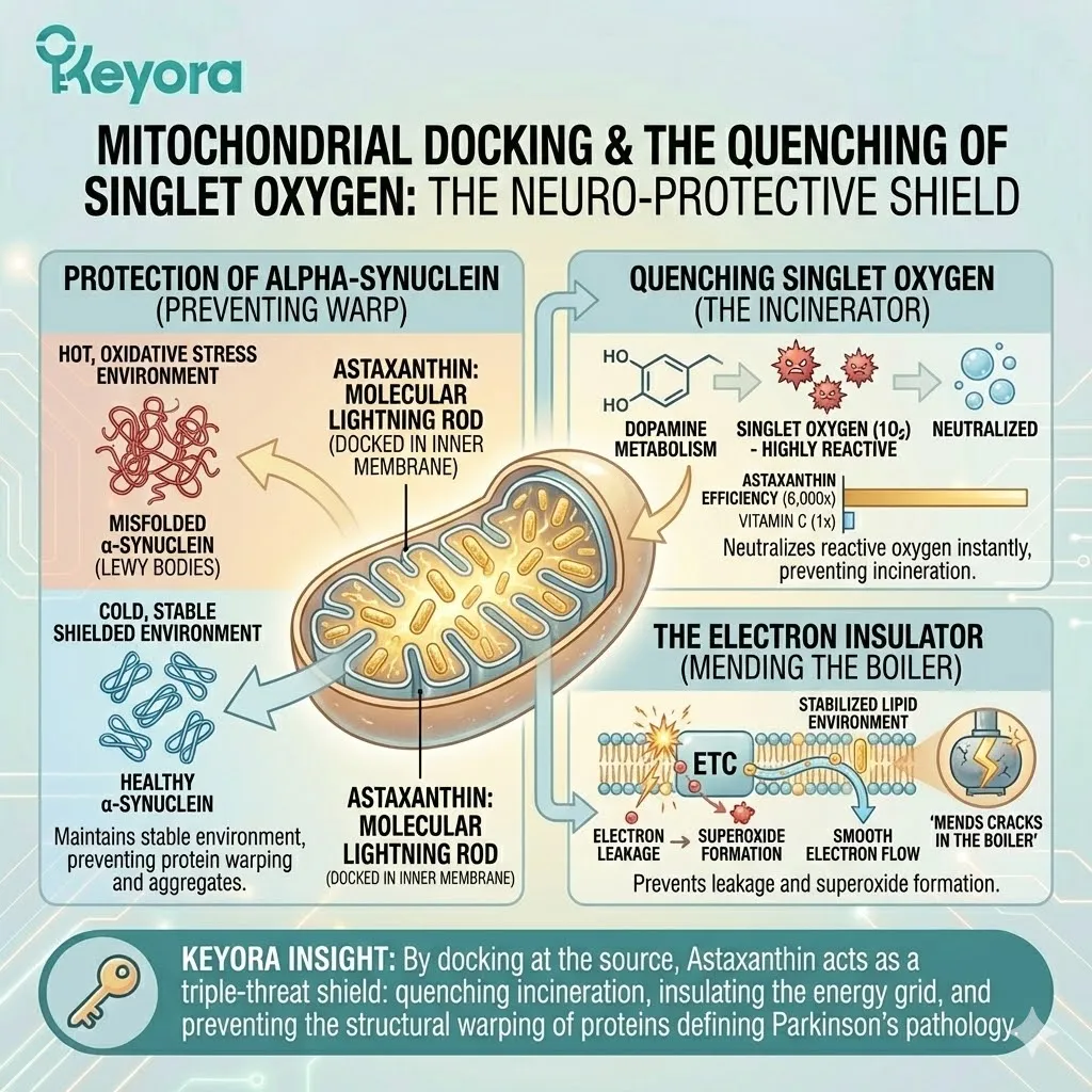 Mitochondrial docking of the neuro-protective shield quenches singlet oxygen and prevents electron leakage to stabilize alpha-synuclein. Mitochondrial docking of the neuro-protective shield quenches singlet oxygen and prevents electron leakage to stabilize alpha-synuclein.