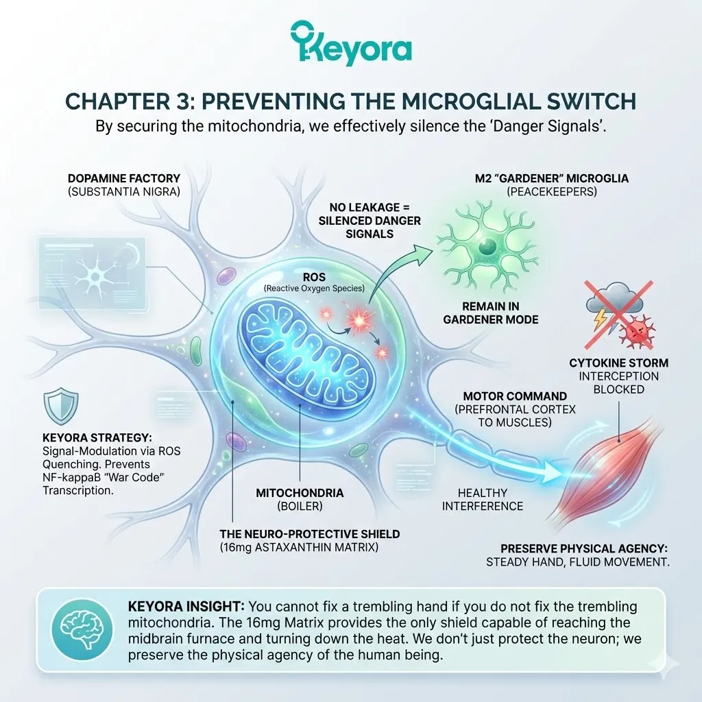 Mitochondrial shielding prevents the microglial switch to M1 phenotype by silencing DAMPs and blocking the NF-kappaB war code transcription. Mitochondrial shielding prevents the microglial switch to M1 phenotype by silencing DAMPs and blocking the NF-kappaB war code transcription.