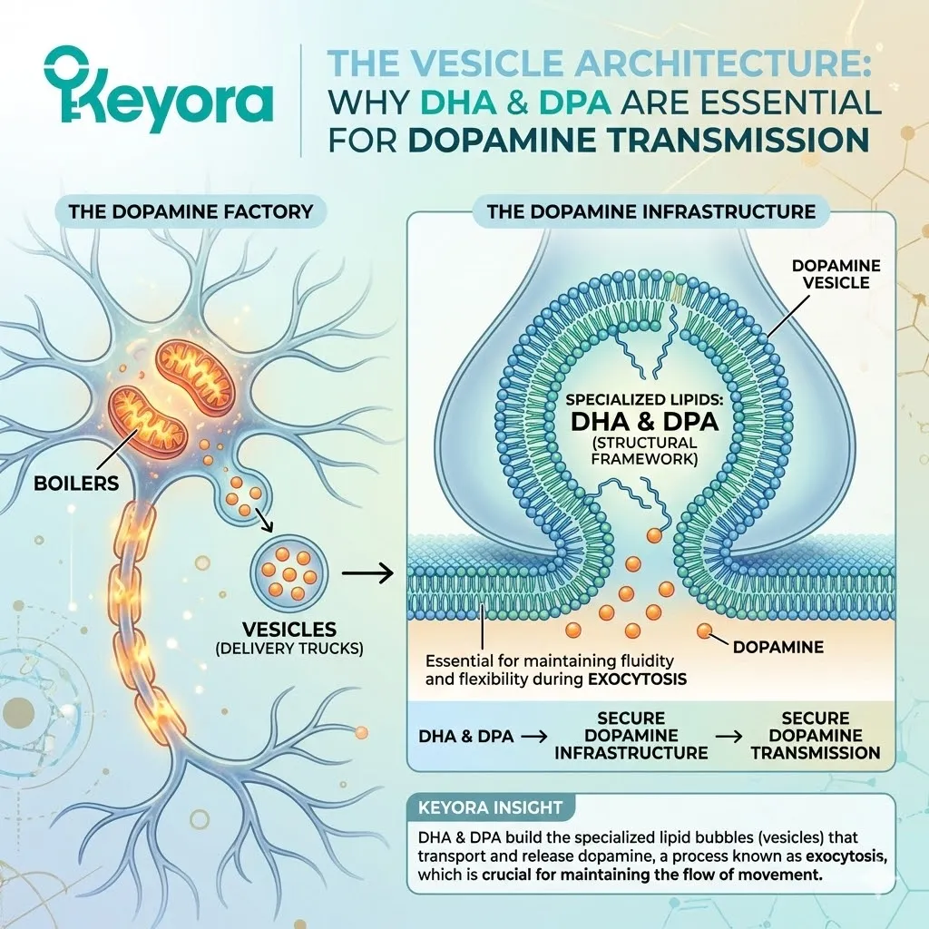 Vesicle architecture utilizes DHA and DPA to facilitate exocytosis and secure the dopamine infrastructure against systemic regulator failure. Vesicle architecture utilizes DHA and DPA to facilitate exocytosis and secure the dopamine infrastructure against systemic regulator failure.