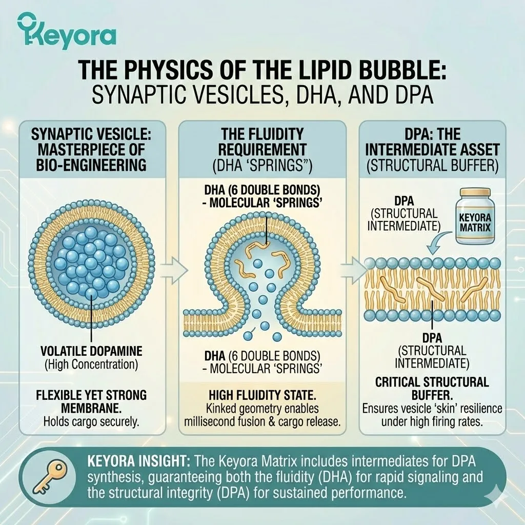 DHA and DPA provide the molecular springs and kinked geometry necessary for vesicle fluidity and exocytosis within the dopamine infrastructure. DHA and DPA provide the molecular springs and kinked geometry necessary for vesicle fluidity and exocytosis within the dopamine infrastructure.