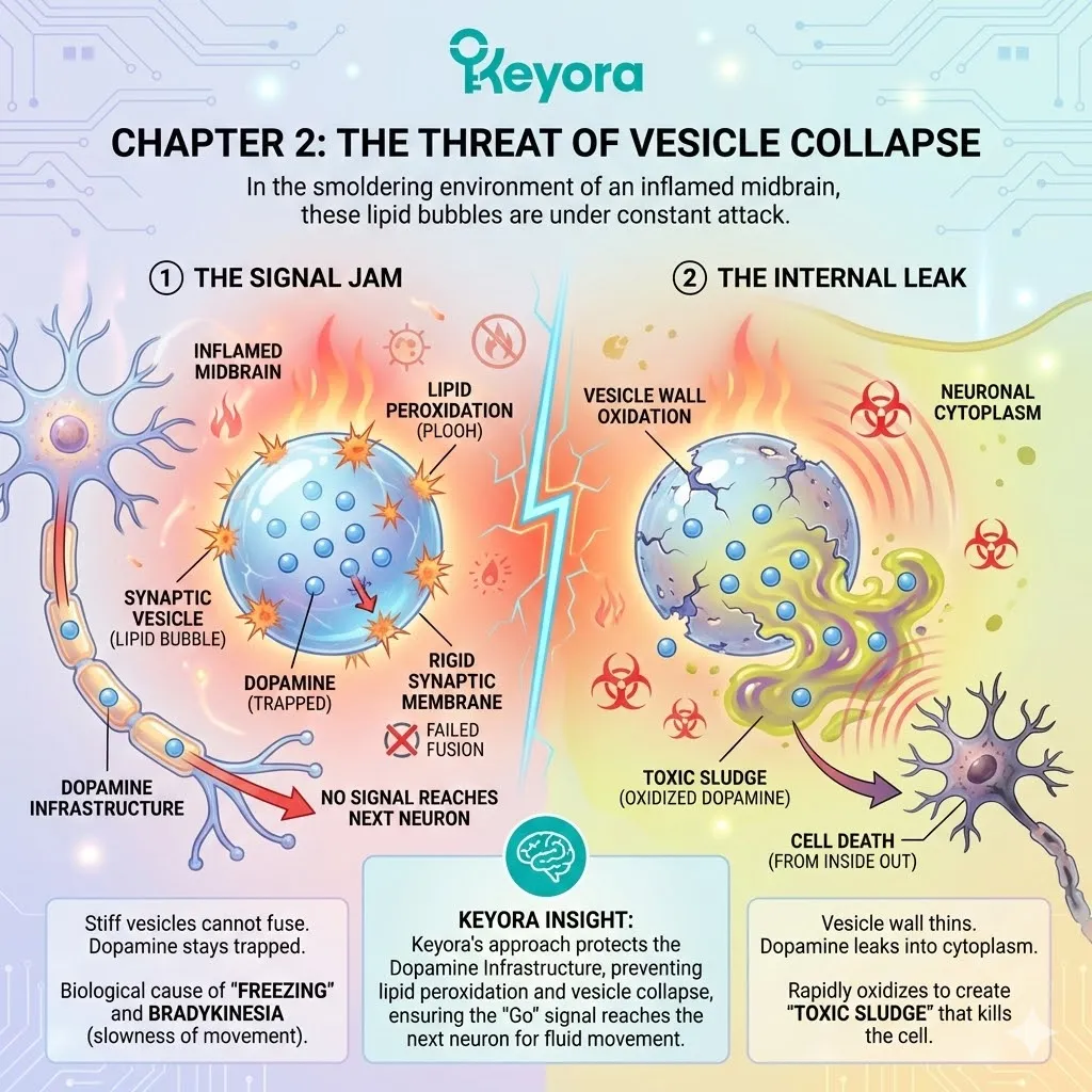 Lipid peroxidation triggers vesicle collapse and signal jamming, leading to internal leak and toxic sludge formation within the dopamine infrastructure. Lipid peroxidation triggers vesicle collapse and signal jamming, leading to internal leak and toxic sludge formation within the dopamine infrastructure.