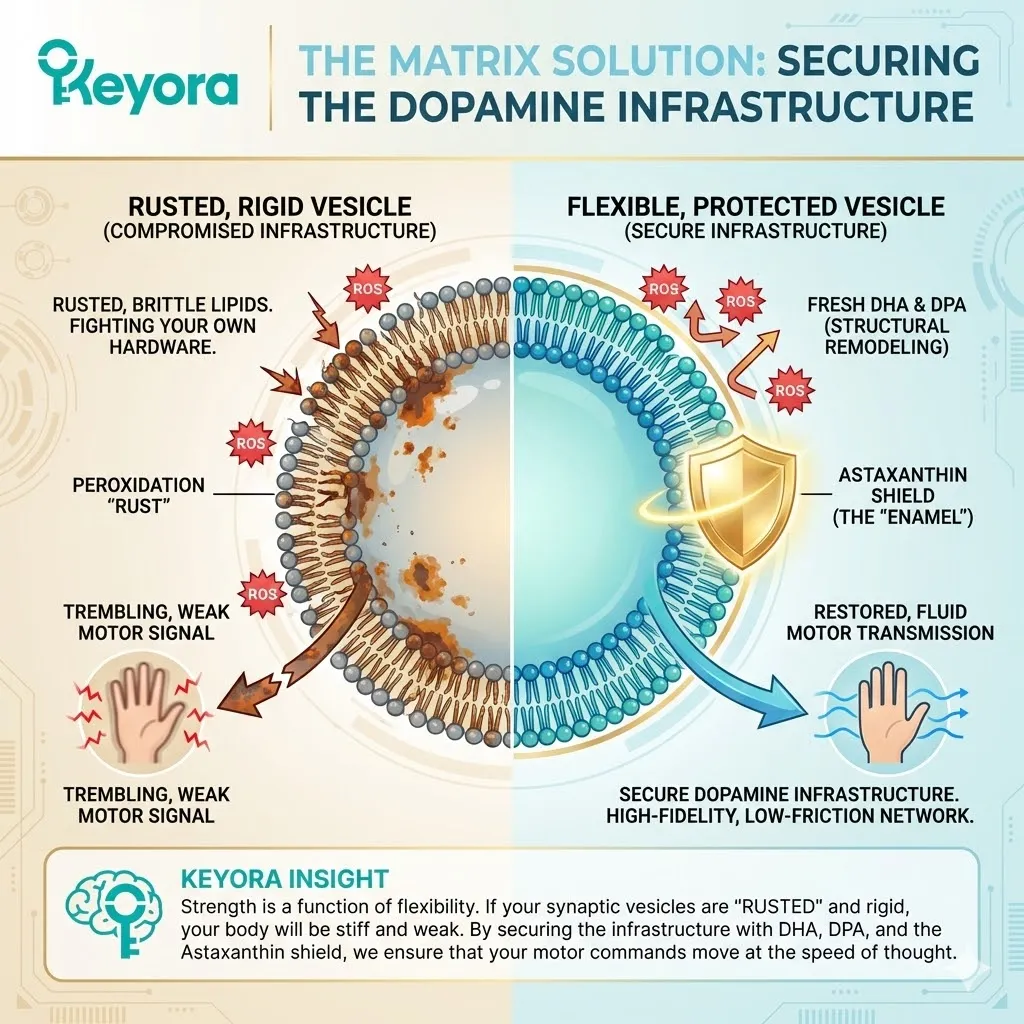 Structural remodeling replaces brittle lipids with DHA and DPA while astaxanthin provides a transmembrane enamel to secure the dopamine infrastructure. Structural remodeling replaces brittle lipids with DHA and DPA while astaxanthin provides a transmembrane enamel to secure the dopamine infrastructure.