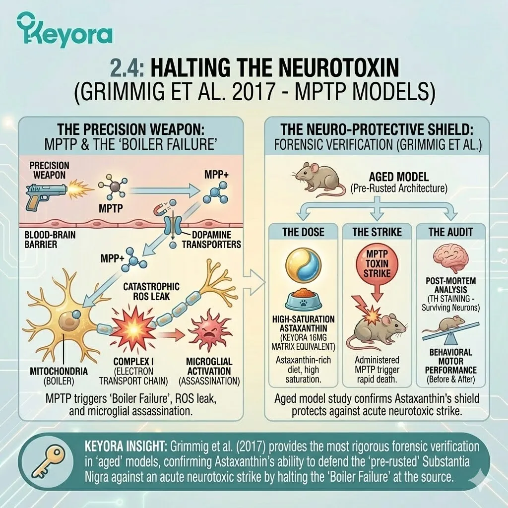 Complex I inhibition by MPTP precision weapons triggers systemic regulator failure, necessitating high-saturation astaxanthin to protect the aged midbrain architecture. Complex I inhibition by MPTP precision weapons triggers systemic regulator failure, necessitating high-saturation astaxanthin to protect the aged midbrain architecture.