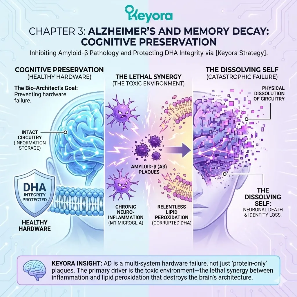 Multi-system hardware failure and lipid peroxidation catalyze the dissolving self, transitioning amyloid pathology from plaque formation to chronic neuro-inflammatory dissolution. Multi-system hardware failure and lipid peroxidation catalyze the dissolving self, transitioning amyloid pathology from plaque formation to chronic neuro-inflammatory dissolution.