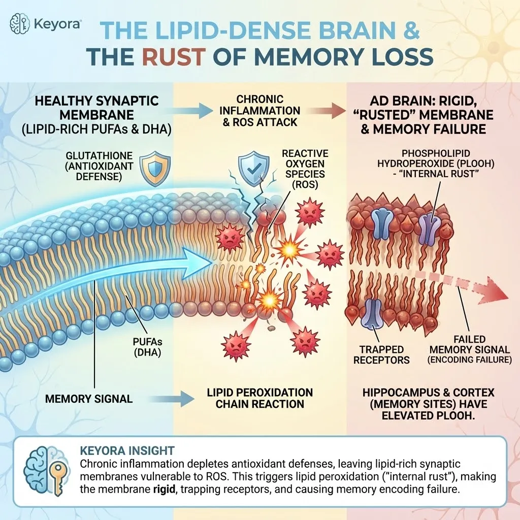Lipid hardware depletion and PLOOH elevation trigger a chain reaction of internal rust that compromises synaptic membrane fluidity and hippocampal voltage maintenance. Lipid hardware depletion and PLOOH elevation trigger a chain reaction of internal rust that compromises synaptic membrane fluidity and hippocampal voltage maintenance.