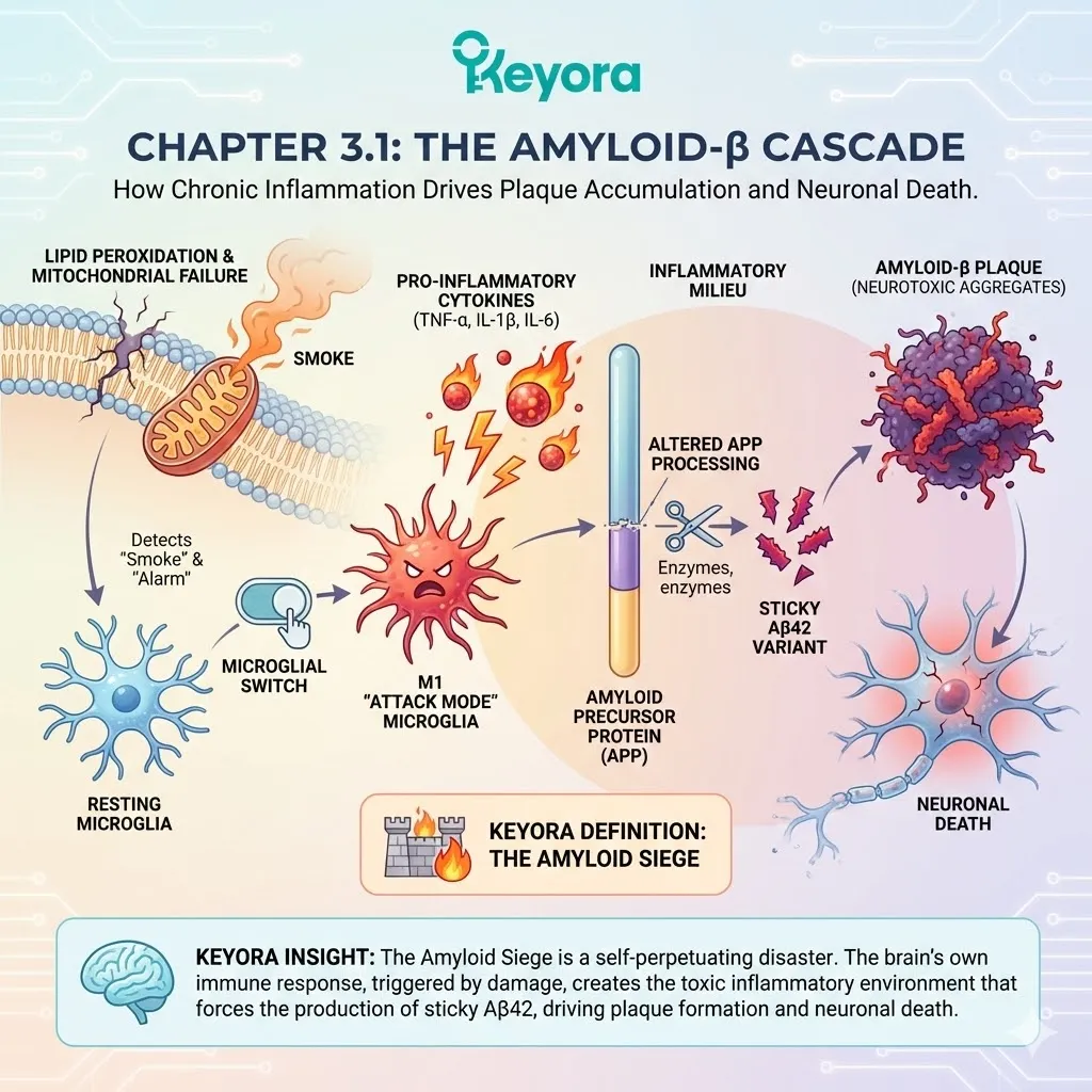 M1 phenotype transition triggers the amyloid siege, where pro-inflammatory cytokines alter APP processing to generate neurotoxic sticky Aβ42 variants. M1 phenotype transition triggers the amyloid siege, where pro-inflammatory cytokines alter APP processing to generate neurotoxic sticky Aβ42 variants.