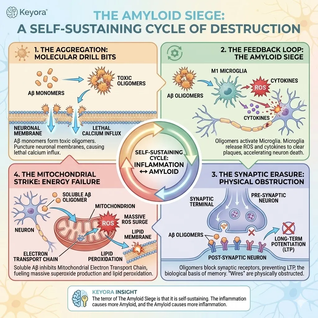 Aβ oligomers function as molecular drill bits, triggering calcium influx and synaptic erasure while inhibiting the electron transport chain to sustain the amyloid siege. Aβ oligomers function as molecular drill bits, triggering calcium influx and synaptic erasure while inhibiting the electron transport chain to sustain the amyloid siege.