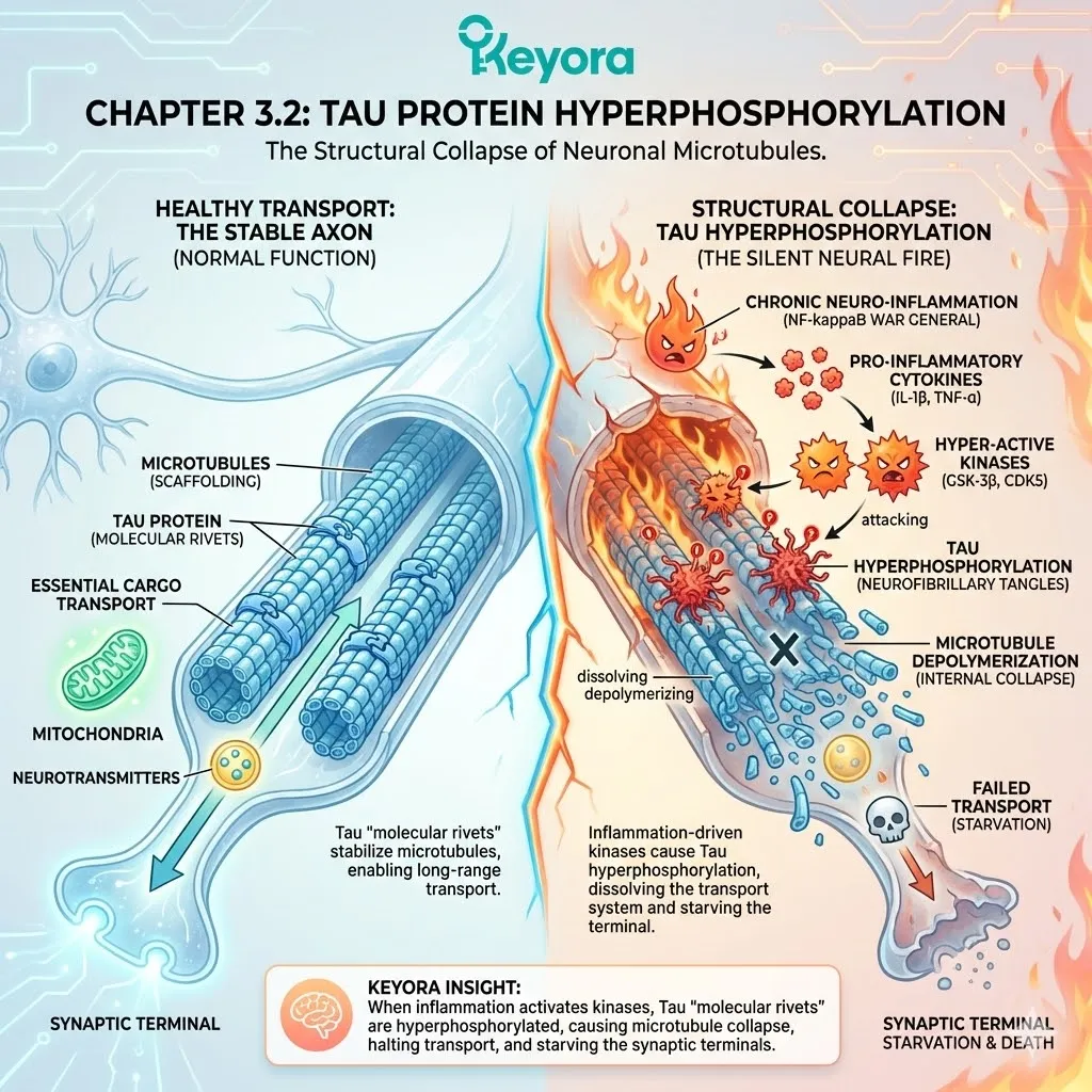 Inflammatory kinases GSK-3beta and CDK5 catalyze Tau hyperphosphorylation, causing the failure of molecular rivets and the internal collapse of the neuronal microtubule scaffolding. Inflammatory kinases GSK-3beta and CDK5 catalyze Tau hyperphosphorylation, causing the failure of molecular rivets and the internal collapse of the neuronal microtubule scaffolding.