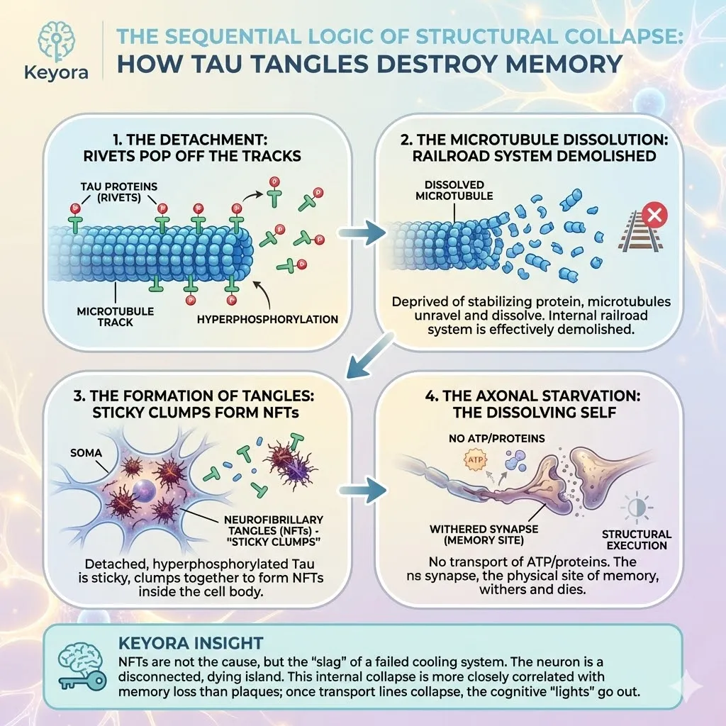 Tau hyperphosphorylation triggers microtubule dissolution and neurofibrillary tangle formation, resulting in axonal starvation and the structural execution of the dissolving self. Tau hyperphosphorylation triggers microtubule dissolution and neurofibrillary tangle formation, resulting in axonal starvation and the structural execution of the dissolving self.