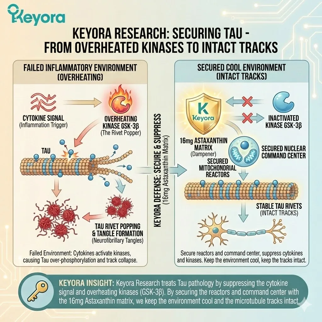 Systemic regulator intervention via the 16mg astaxanthin matrix suppresses cytokine signals to inhibit GSK-3beta overheating and prevent Tau hyperphosphorylation. Systemic regulator intervention via the 16mg astaxanthin matrix suppresses cytokine signals to inhibit GSK-3beta overheating and prevent Tau hyperphosphorylation.