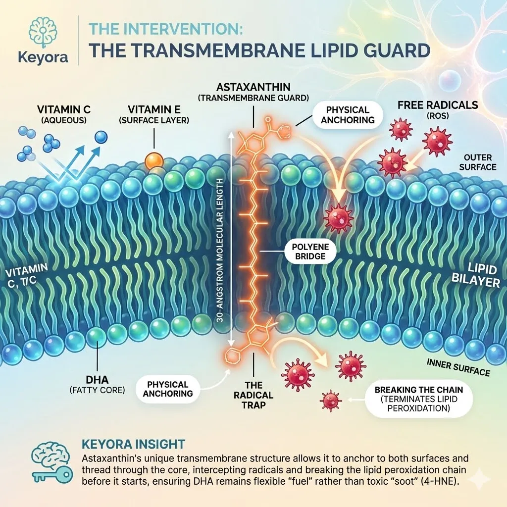 The 16mg astaxanthin matrix functions as a 30-angstrom transmembrane lipid guard, spanning the phospholipid bilayer to intercept free radicals and prevent DHA-to-4-HNE conversion. The 16mg astaxanthin matrix functions as a 30-angstrom transmembrane lipid guard, spanning the phospholipid bilayer to intercept free radicals and prevent DHA-to-4-HNE conversion.