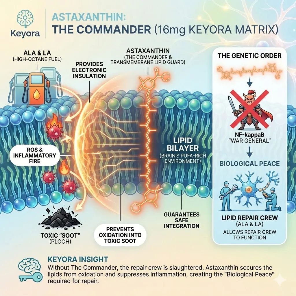 Astaxanthin functions as the commander and transmembrane lipid guard, providing electronic insulation to prevent fatty acids from oxidizing into toxic soot. Astaxanthin functions as the commander and transmembrane lipid guard, providing electronic insulation to prevent fatty acids from oxidizing into toxic soot.