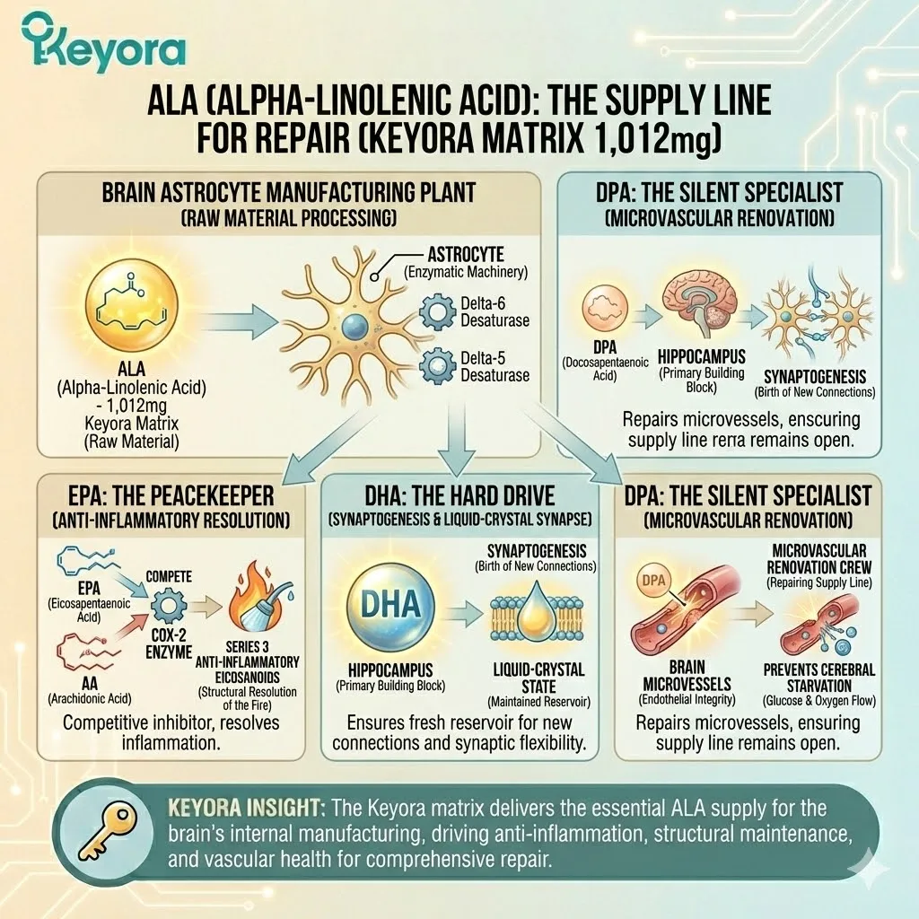 ALA serves as the primary supply line for structural repair, utilizing astrocyte-driven enzymatic conversion into the peacekeeper EPA, the hard-drive DHA, and the silent specialist DPA. ALA serves as the primary supply line for structural repair, utilizing astrocyte-driven enzymatic conversion into the peacekeeper EPA, the hard-drive DHA, and the silent specialist DPA.