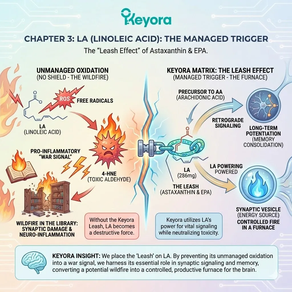 LA functions as a managed trigger for retrograde signaling and LTP, while the astaxanthin leash prevents its unmanaged oxidation into pro-inflammatory 4-HNE. LA functions as a managed trigger for retrograde signaling and LTP, while the astaxanthin leash prevents its unmanaged oxidation into pro-inflammatory 4-HNE.