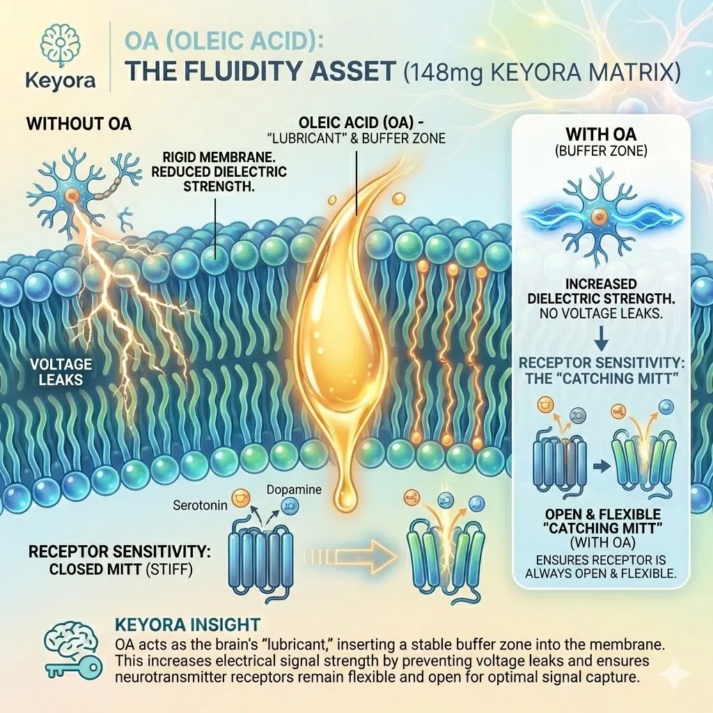 Oleic Acid acts as the structural lubricant and fluidity asset, increasing dielectric strength to prevent voltage leaks and maintaining GPCR receptor sensitivity. Oleic Acid acts as the structural lubricant and fluidity asset, increasing dielectric strength to prevent voltage leaks and maintaining GPCR receptor sensitivity.