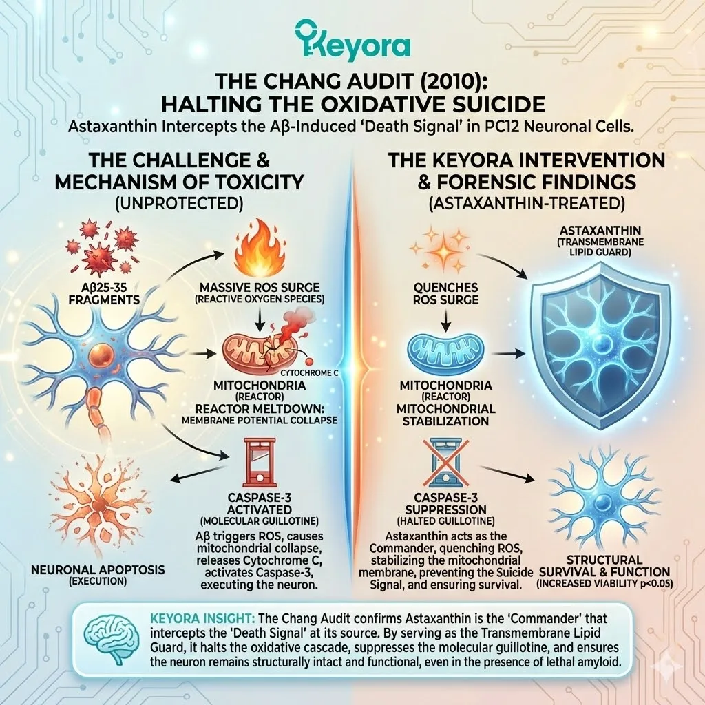 The Chang Audit (2010) validates that astaxanthin intercepts Aβ-induced apoptosis by stabilizing mitochondrial membrane potential and suppressing the Caspase-3 molecular guillotine. The Chang Audit (2010) validates that astaxanthin intercepts Aβ-induced apoptosis by stabilizing mitochondrial membrane potential and suppressing the Caspase-3 molecular guillotine.