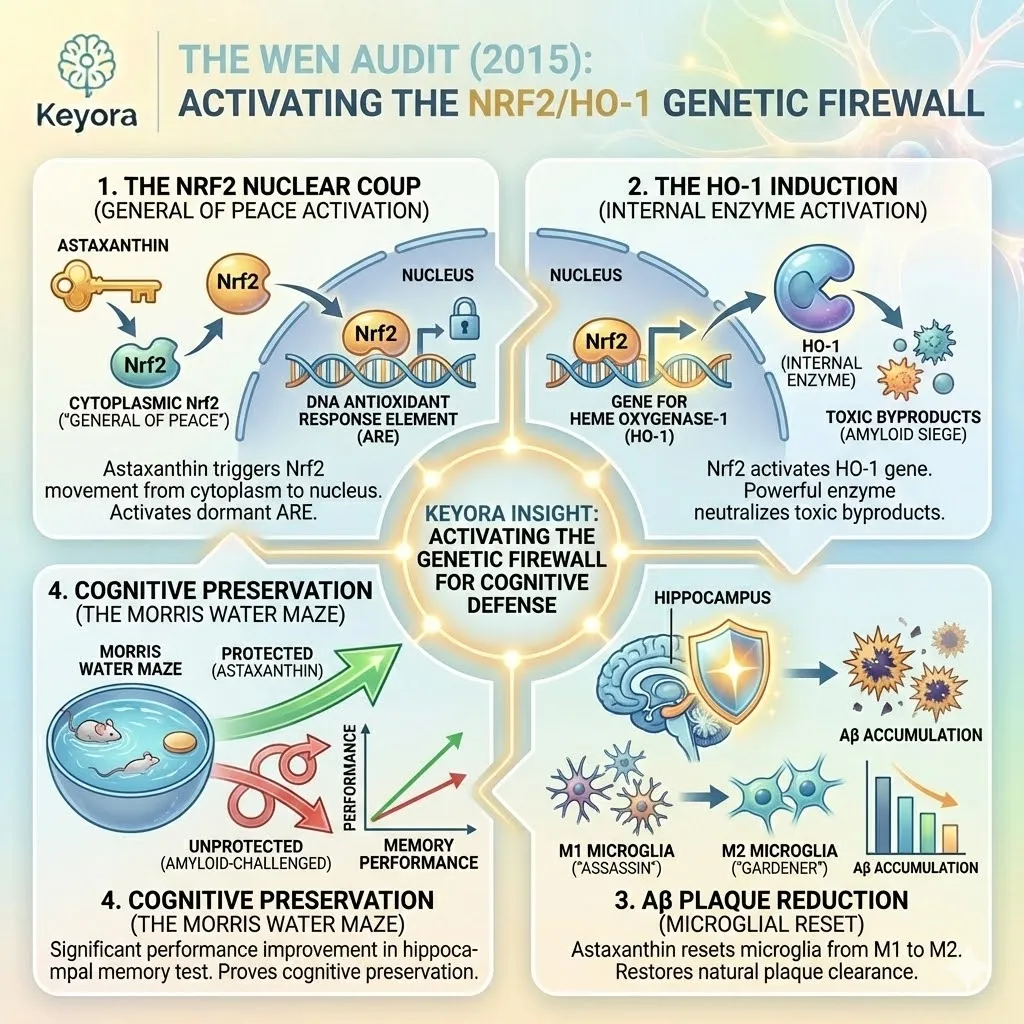 Astaxanthin catalyzes Nrf2 nuclear translocation to activate the HO-1 genetic firewall, restoring the M2 microglial gardener phenotype and hippocampal cognitive performance. Astaxanthin catalyzes Nrf2 nuclear translocation to activate the HO-1 genetic firewall, restoring the M2 microglial gardener phenotype and hippocampal cognitive performance.