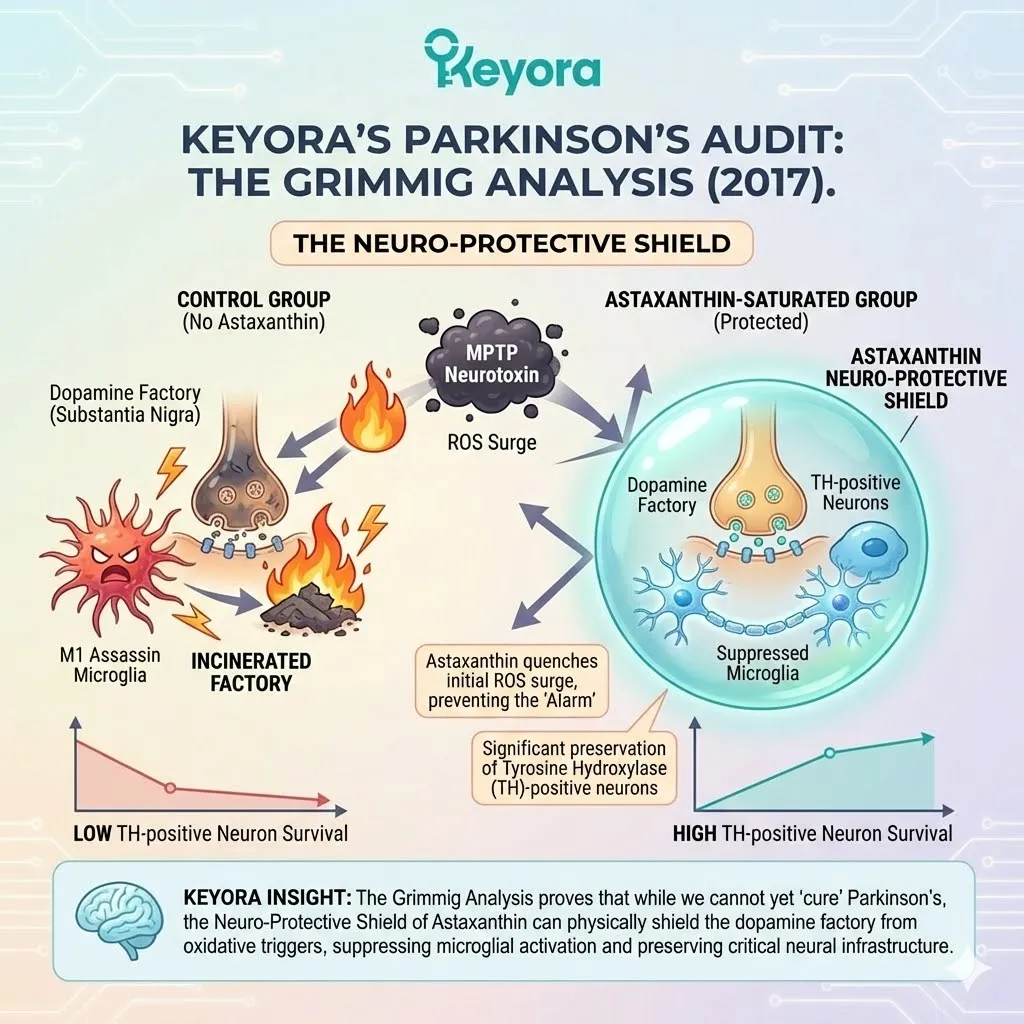 Astaxanthin-saturated environments quench the initial ROS surge to prevent Microglial Assassination and shield TH-positive neurons within the Dopamine Factory. Astaxanthin-saturated environments quench the initial ROS surge to prevent Microglial Assassination and shield TH-positive neurons within the Dopamine Factory.