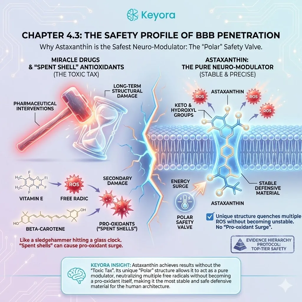 Non-toxic neuro-modulator structure utilizes keto and hydroxyl groups to quench ROS across the lipid bilayer without triggering a Pro-oxidant Surge or Toxic Tax. Non-toxic neuro-modulator structure utilizes keto and hydroxyl groups to quench ROS across the lipid bilayer without triggering a Pro-oxidant Surge or Toxic Tax.