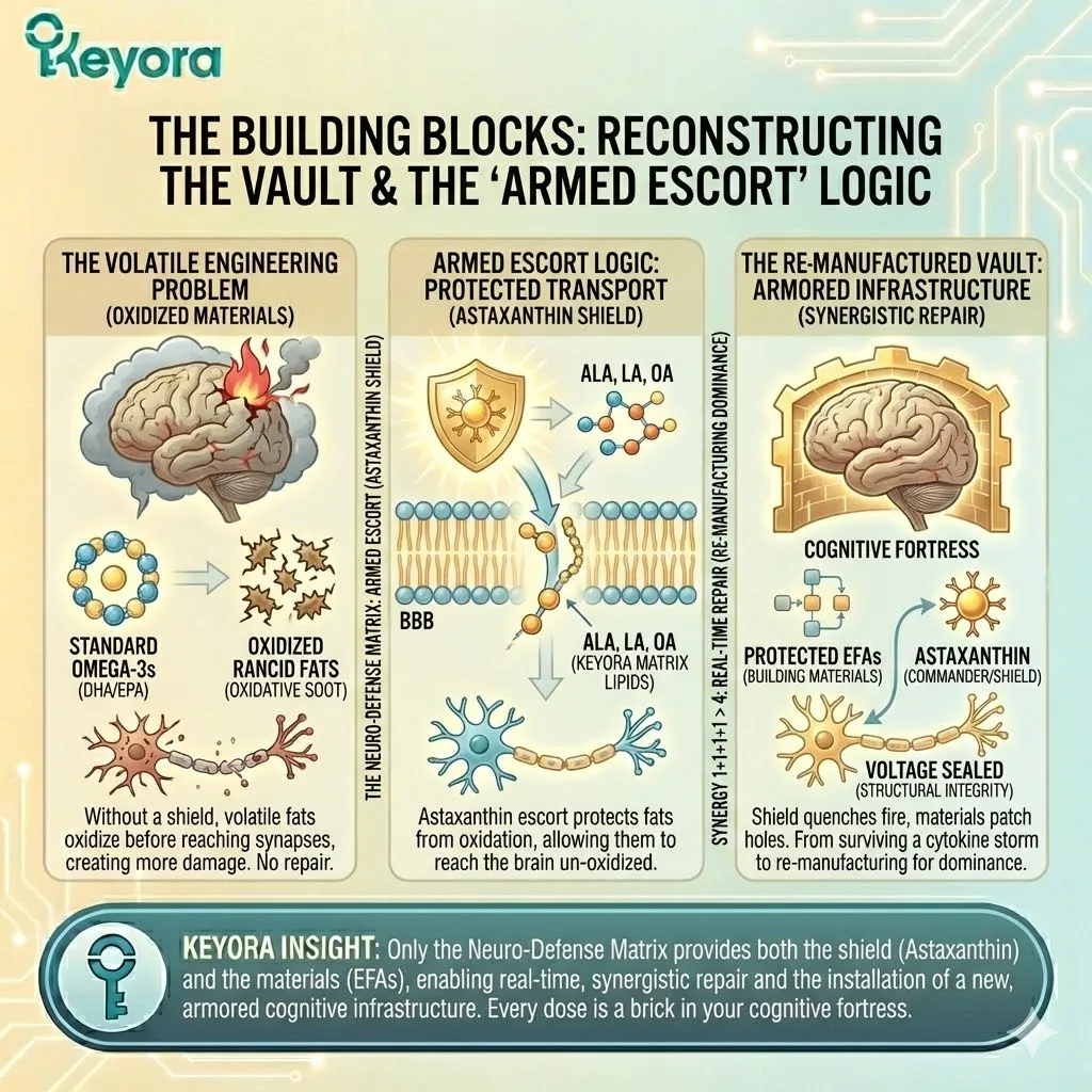 Armed Escort logic utilizes transmembrane Astaxanthin to protect volatile ALA, LA, and OA from Neuro-Lipid Peroxidation, ensuring synaptic repair and structural remodeling. Armed Escort logic utilizes transmembrane Astaxanthin to protect volatile ALA, LA, and OA from Neuro-Lipid Peroxidation, ensuring synaptic repair and structural remodeling.
