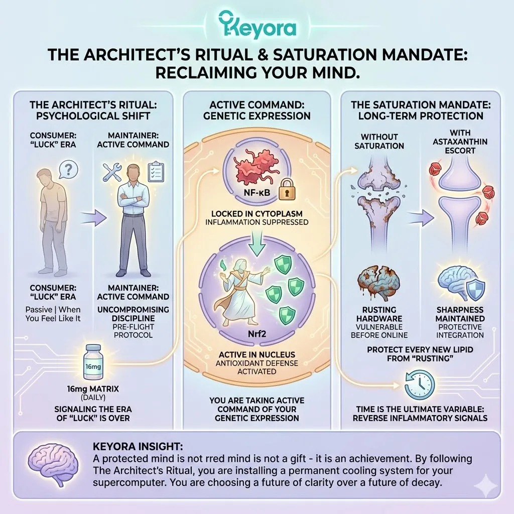 The Architect’s Ritual enforces the Saturation Mandate to lock NF-κB in the cytoplasm and maintain Nrf2 nuclear activity for continuous genetic command. The Architect’s Ritual enforces the Saturation Mandate to lock NF-κB in the cytoplasm and maintain Nrf2 nuclear activity for continuous genetic command.