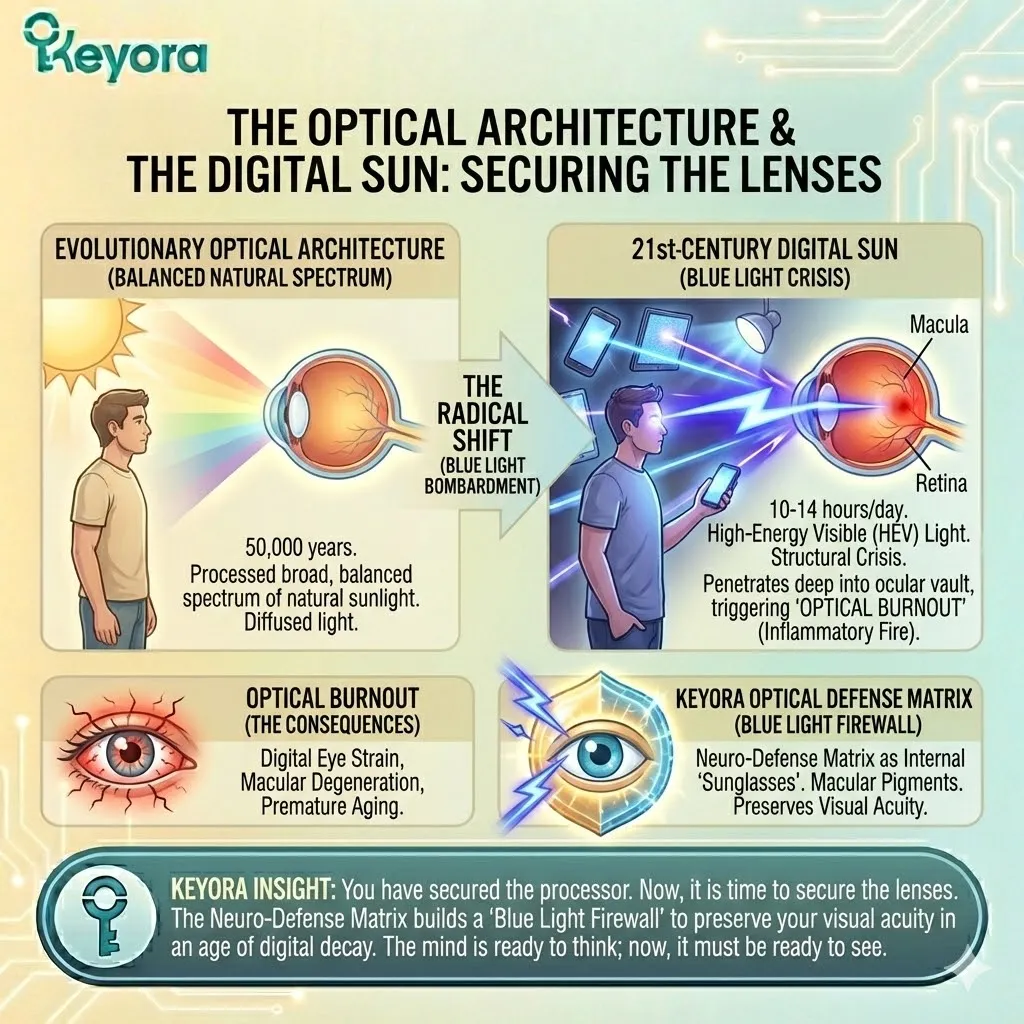 Optical Architecture transition from natural sunlight to high-frequency Blue Light bombardment triggers a localized inflammatory fire within the ocular vault. Optical Architecture transition from natural sunlight to high-frequency Blue Light bombardment triggers a localized inflammatory fire within the ocular vault.
