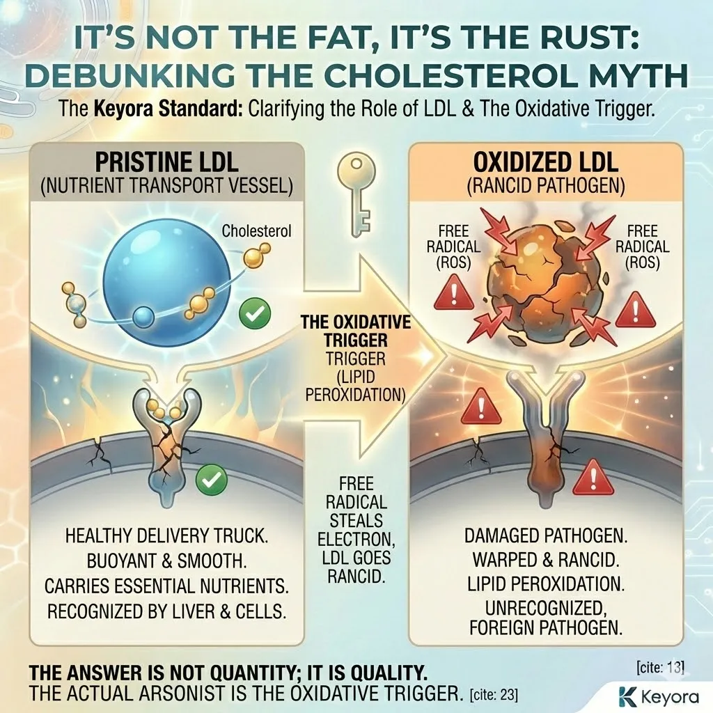 The Oxidative Trigger transforms buoyant LDL into a warped pathogen via Lipid Peroxidation and ROS, initiating the arsonist mechanism within the Four-Drive System. The Oxidative Trigger transforms buoyant LDL into a warped pathogen via Lipid Peroxidation and ROS, initiating the arsonist mechanism within the Four-Drive System.