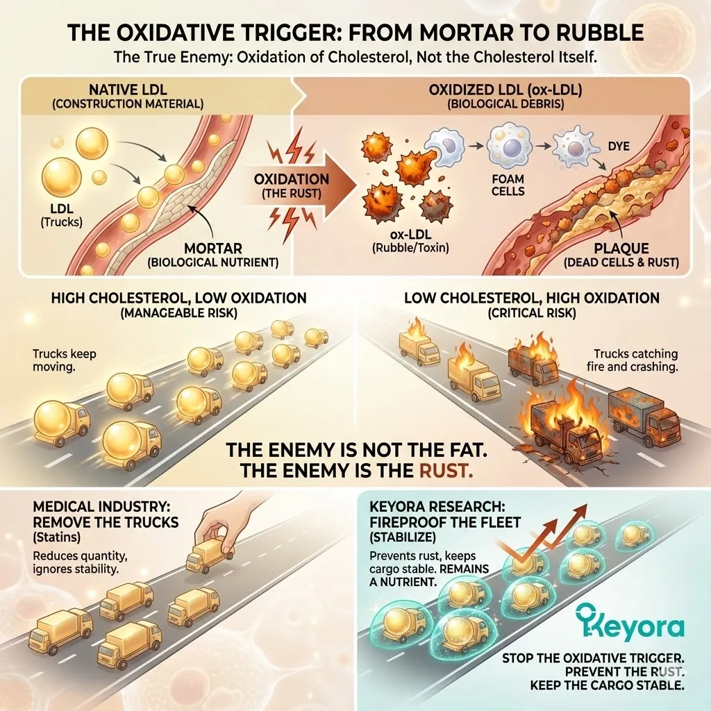 The Oxidative Trigger transforms LDL into biological rubble, driving Macrophage dysfunction and plaque formation within the vascular architecture’s Systemic Regulator. The Oxidative Trigger transforms LDL into biological rubble, driving Macrophage dysfunction and plaque formation within the vascular architecture’s Systemic Regulator.