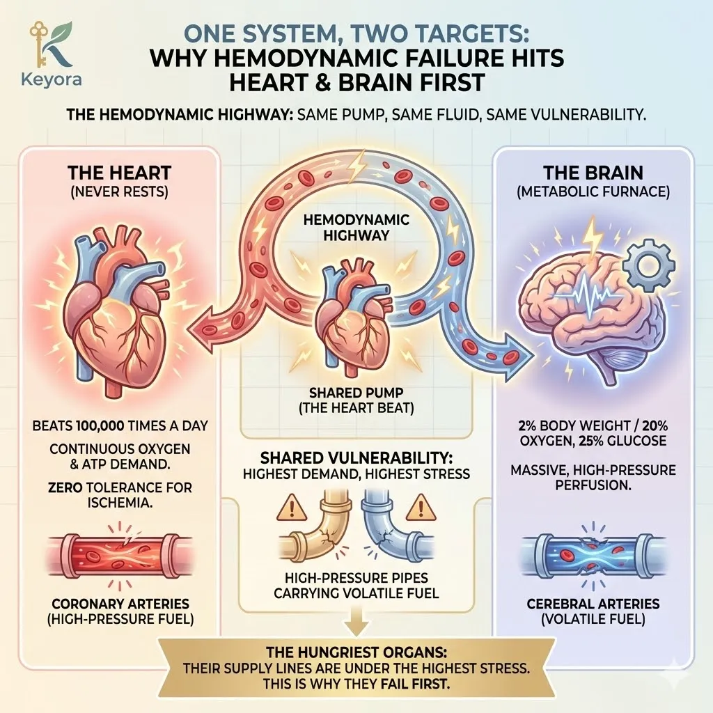 The Hemodynamic Highway terminal failure occurs in the Heart and Brain due to high-pressure perfusion stress and critical dependency on uninterrupted ATP Synthesis. The Hemodynamic Highway terminal failure occurs in the Heart and Brain due to high-pressure perfusion stress and critical dependency on uninterrupted ATP Synthesis.
