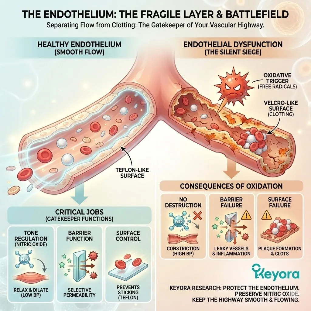 The Endothelium battlefield mechanism regulates Nitric Oxide and Surface Control to maintain the Gatekeeper of Flow and prevent systemic vascular constriction. The Endothelium battlefield mechanism regulates Nitric Oxide and Surface Control to maintain the Gatekeeper of Flow and prevent systemic vascular constriction.