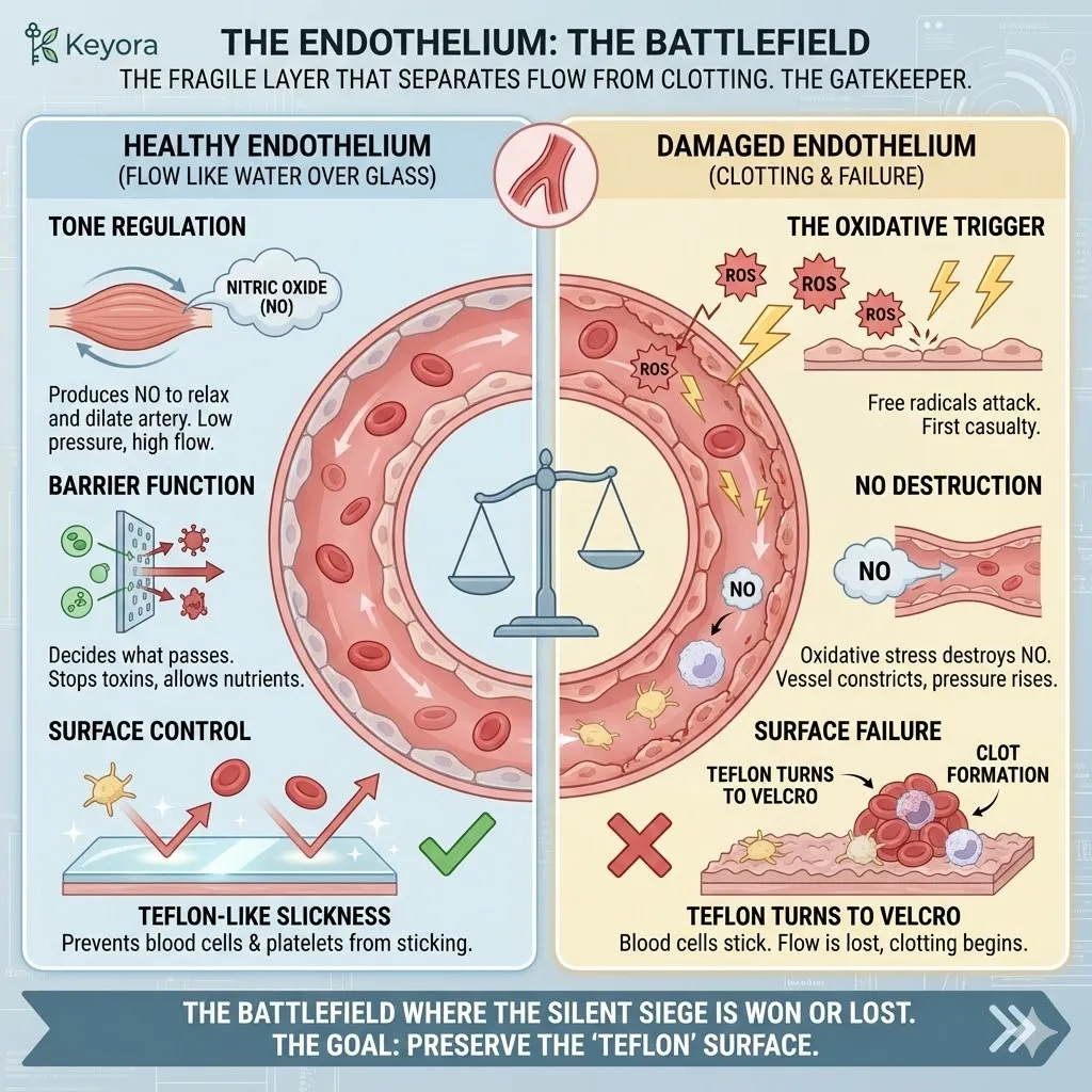 The Endothelium battlefield mechanism regulates Nitric Oxide and Surface Control to maintain the Gatekeeper of Flow and prevent systemic vascular constriction. The Endothelium battlefield mechanism regulates Nitric Oxide and Surface Control to maintain the Gatekeeper of Flow and prevent systemic vascular constriction.