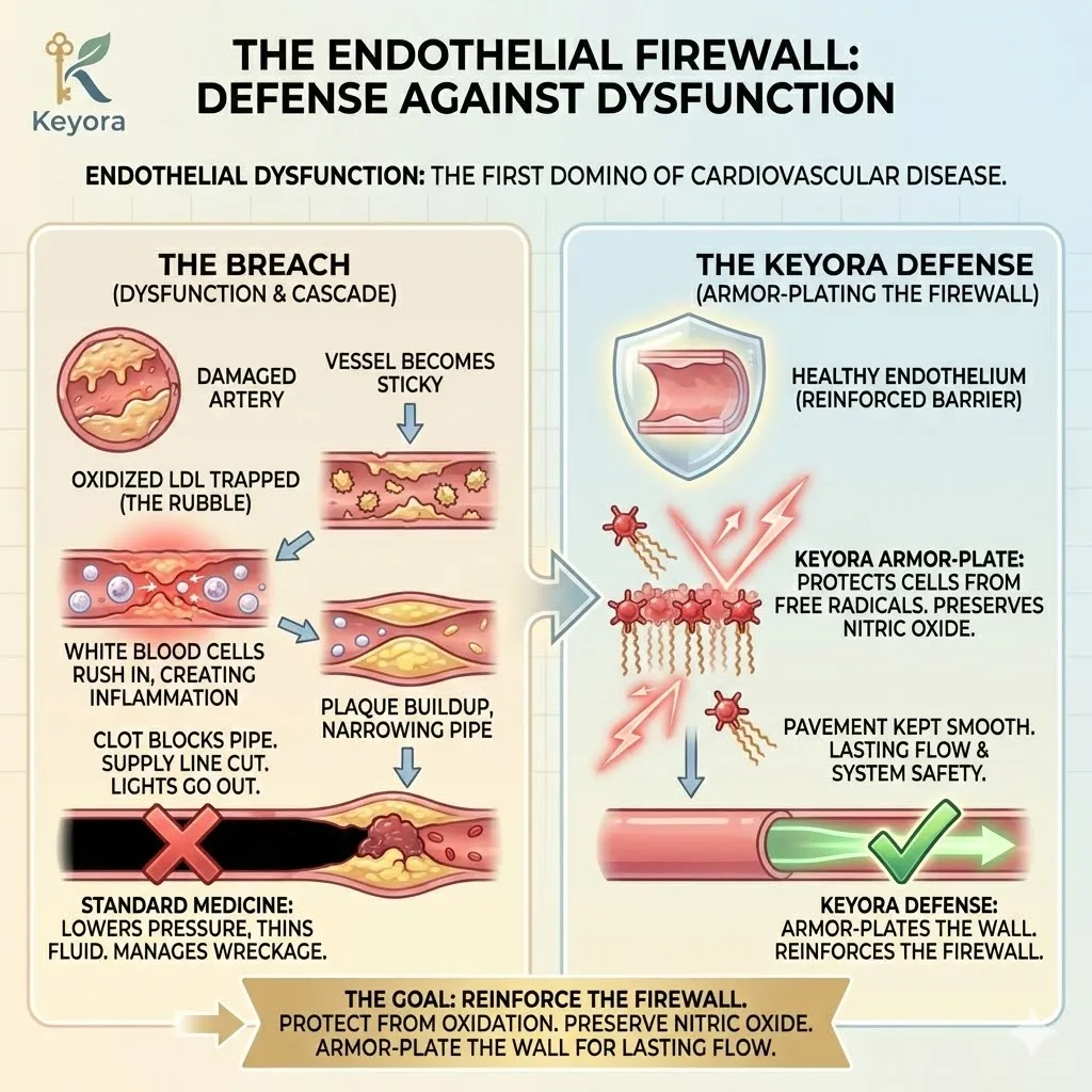 The Endothelial Firewall mechanism prevents the adhesion of biological rubble and plaque rupture by preserving Nitric Oxide bioavailability and reinforcing systemic armor-plating. The Endothelial Firewall mechanism prevents the adhesion of biological rubble and plaque rupture by preserving Nitric Oxide bioavailability and reinforcing systemic armor-plating.