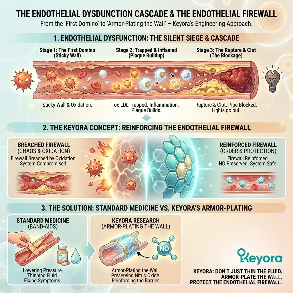 The Endothelial Firewall mechanism prevents the adhesion of biological rubble and plaque rupture by preserving Nitric Oxide bioavailability and reinforcing systemic armor-plating. The Endothelial Firewall mechanism prevents the adhesion of biological rubble and plaque rupture by preserving Nitric Oxide bioavailability and reinforcing systemic armor-plating.