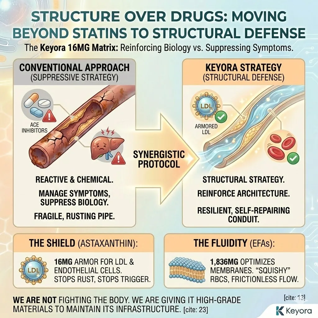 The Structural Defense protocol utilizes the 16MG Matrix to armor LDL via Astaxanthin and optimize cell membrane fluidity with EFAs to ensure systemic vascular resilience. The Structural Defense protocol utilizes the 16MG Matrix to armor LDL via Astaxanthin and optimize cell membrane fluidity with EFAs to ensure systemic vascular resilience.