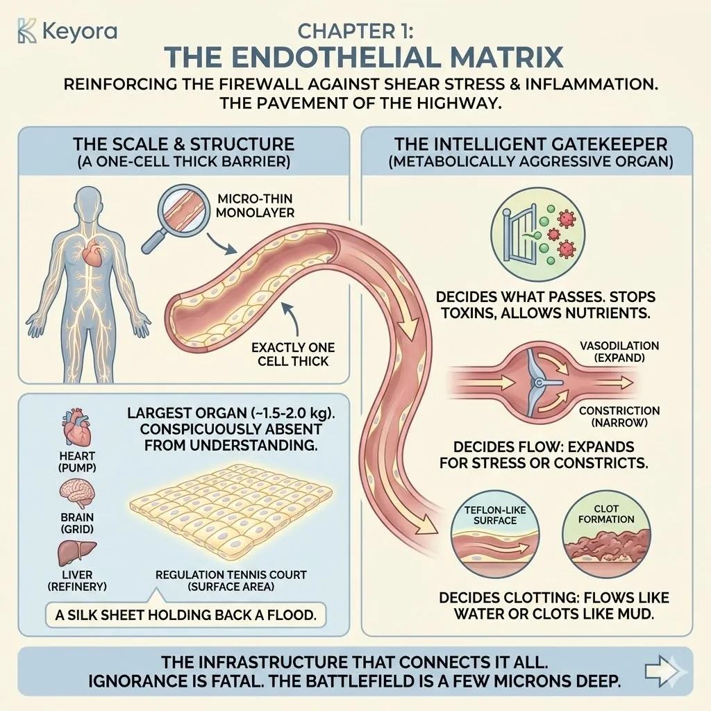 The Endothelial Matrix serves as the Gatekeeper, a monolayer organ managing the interface between pressurized blood flow and the Four-Drive System's infrastructure. The Endothelial Matrix serves as the Gatekeeper, a monolayer organ managing the interface between pressurized blood flow and the Four-Drive System's infrastructure.