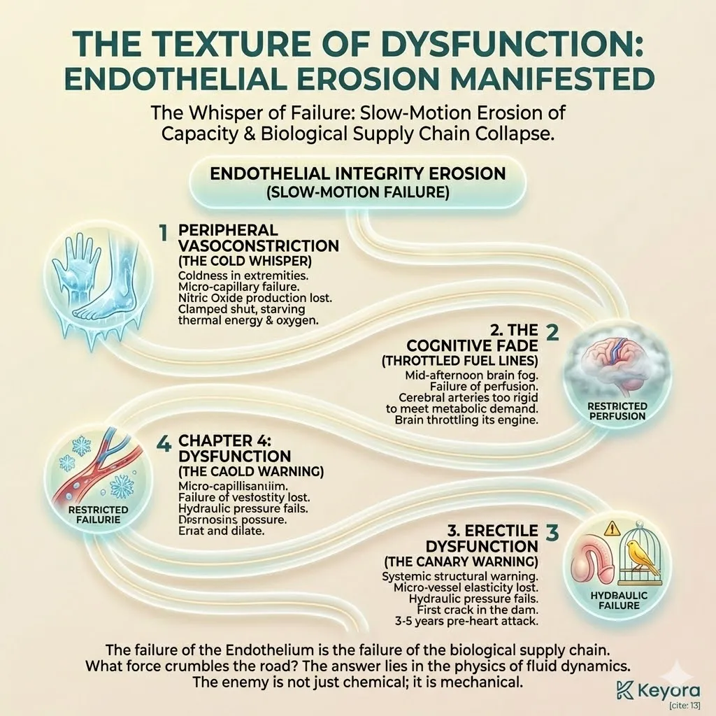 The Texture of Dysfunction mechanism links Peripheral Vasoconstriction and Cognitive Fade to a failure of Endothelial perfusion and the Four-Drive System's supply chain. The Texture of Dysfunction mechanism links Peripheral Vasoconstriction and Cognitive Fade to a failure of Endothelial perfusion and the Four-Drive System's supply chain.