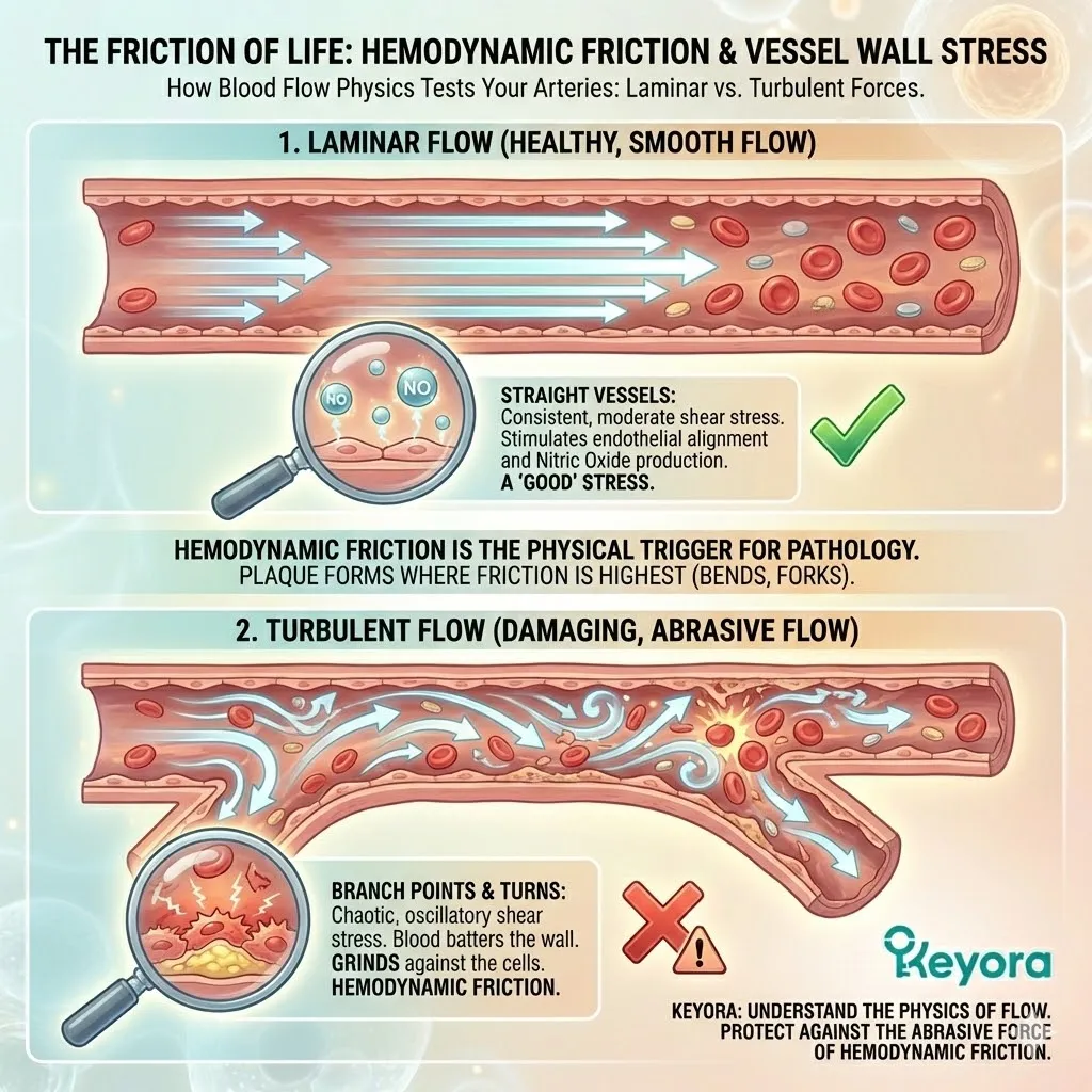 The Hemodynamic Friction mechanism explains how Turbulence at arterial bifurcations converts Laminar flow into chaotic Shear Stress, battering the Endothelial Matrix. The Hemodynamic Friction mechanism explains how Turbulence at arterial bifurcations converts Laminar flow into chaotic Shear Stress, battering the Endothelial Matrix.