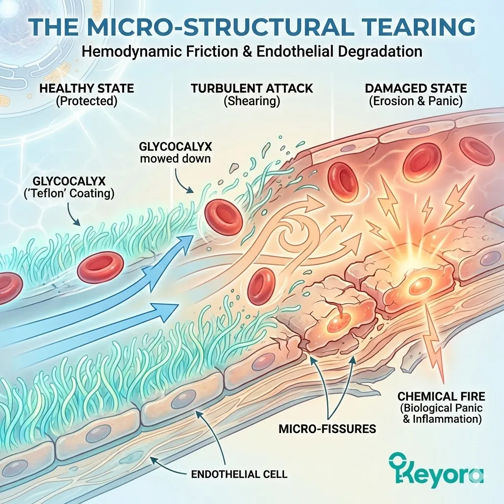 The mechanical erosion of the Glycocalyx exposes micro-fissures in the Endothelial Matrix, transforming the peaceful gatekeeper into a compromised fortress at war. The mechanical erosion of the Glycocalyx exposes micro-fissures in the Endothelial Matrix, transforming the peaceful gatekeeper into a compromised fortress at war.