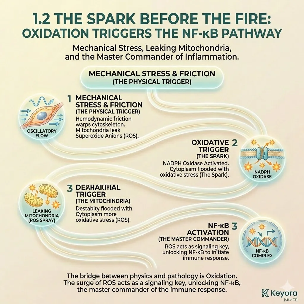 Mechanical deformation destabilizes the endothelial cytoskeleton, triggering mitochondrial leakage and Reactive Oxygen Species (ROS) to unlock the NF-κB master commander. Mechanical deformation destabilizes the endothelial cytoskeleton, triggering mitochondrial leakage and Reactive Oxygen Species (ROS) to unlock the NF-κB master commander.