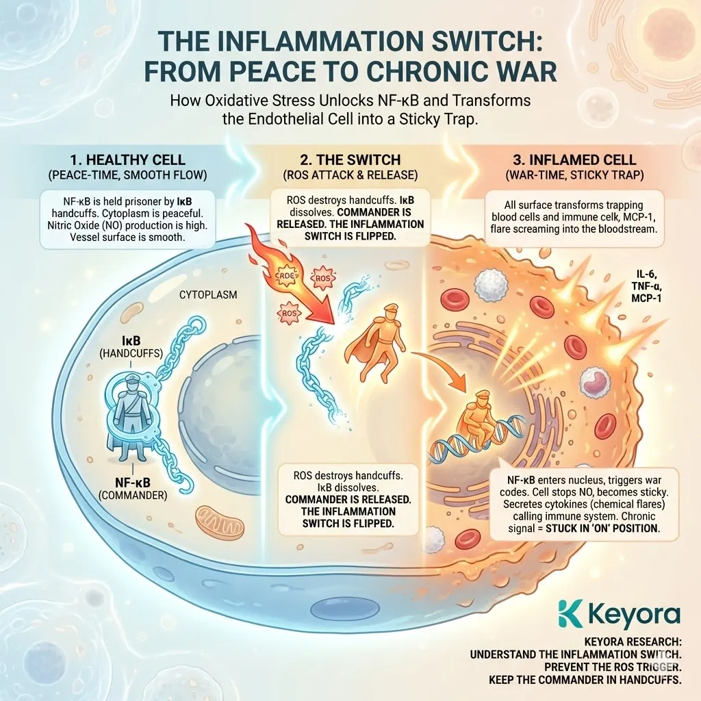 The Inflammation Switch mechanism involves ROS destroying IκB handcuffs to release NF-κB, triggering a phenotypic shift from a peaceful surface to a sticky, inflamed trap. The Inflammation Switch mechanism involves ROS destroying IκB handcuffs to release NF-κB, triggering a phenotypic shift from a peaceful surface to a sticky, inflamed trap.