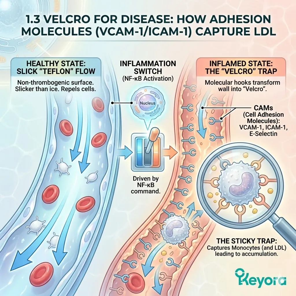 The Sticky Trap mechanism utilizes VCAM-1 and ICAM-1 adhesion molecules to transform the Endothelial Matrix from a slick surface into a Velcro-like trap for Monocytes. The Sticky Trap mechanism utilizes VCAM-1 and ICAM-1 adhesion molecules to transform the Endothelial Matrix from a slick surface into a Velcro-like trap for Monocytes.
