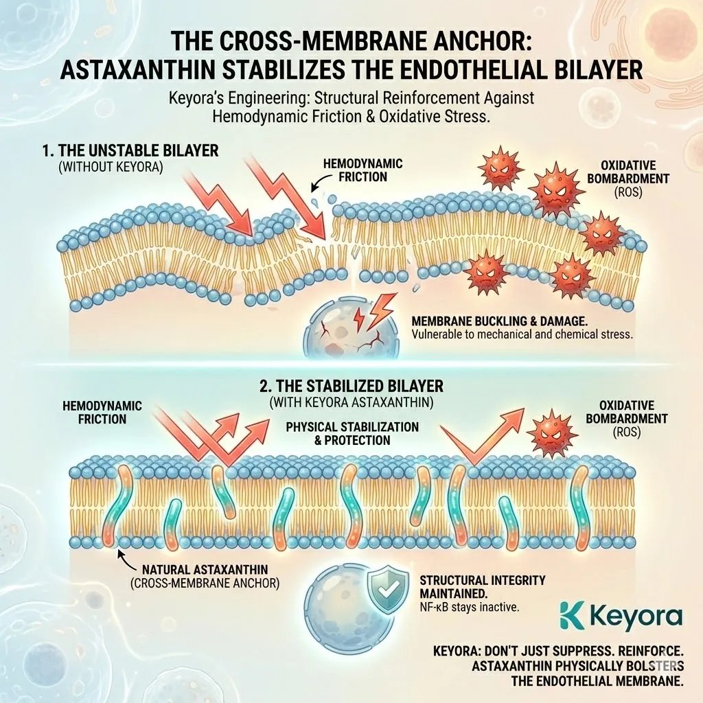 The Membrane Stabilizer mechanism employs Astaxanthin’s unique molecular geometry to physically bolster the endothelial bilayer against hydraulic pressure and mechanical buckling. The Membrane Stabilizer mechanism employs Astaxanthin’s unique molecular geometry to physically bolster the endothelial bilayer against hydraulic pressure and mechanical buckling.