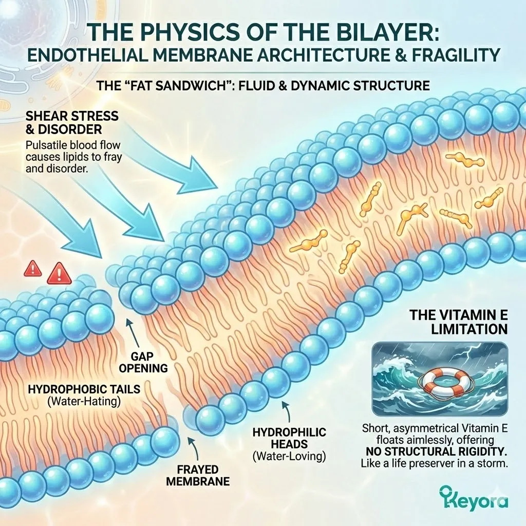 The Physics of the Bilayer demonstrates the structural fragility of the phospholipid sandwich under shear stress, highlighting the failure of asymmetrical antioxidants. The Physics of the Bilayer demonstrates the structural fragility of the phospholipid sandwich under shear stress, highlighting the failure of asymmetrical antioxidants.